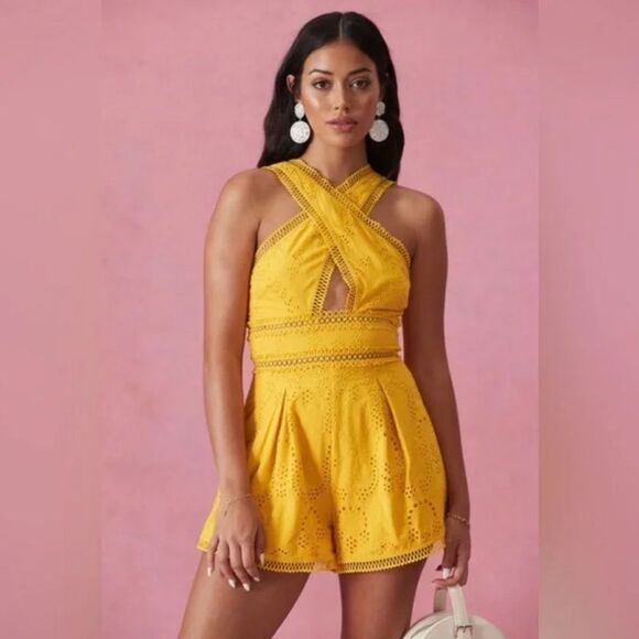 NBD Dreslin Yellow Eyelet Romper Halter Cutout NWT XS - Picture 1 of 8